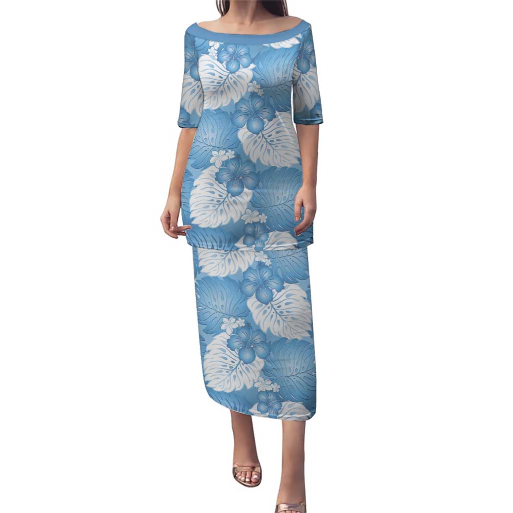 Blue Aloha Hawaii Puletasi Monstera Hibiscus Plumeria Seamless Vibes - Polynesian Pride