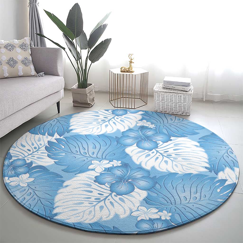 Blue Aloha Hawaii Round Carpet Monstera Hibiscus Plumeria Seamless Vibes - Polynesian Pride