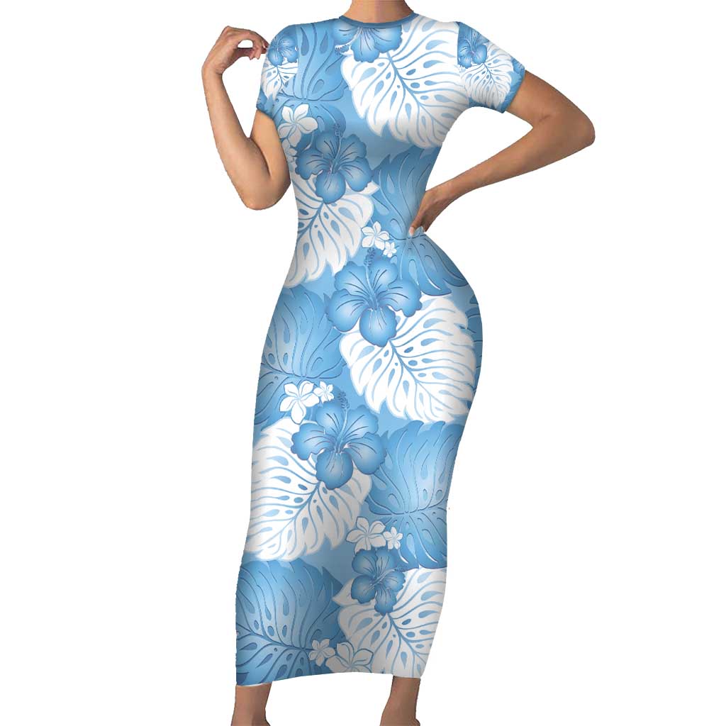 Blue Aloha Hawaii Short Sleeve Bodycon Dress Monstera Hibiscus Plumeria Seamless Vibes - Polynesian Pride