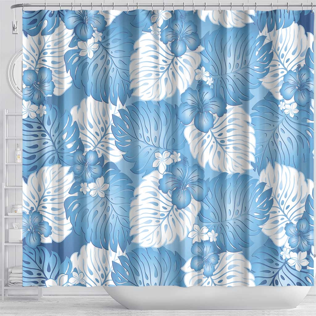 Blue Aloha Hawaii Shower Curtain Monstera Hibiscus Plumeria Seamless Vibes - Polynesian Pride