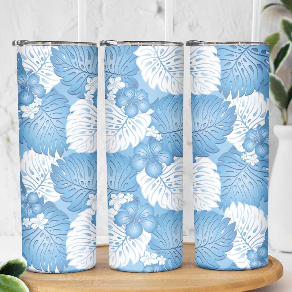 Blue Aloha Hawaii Skinny Tumbler Monstera Hibiscus Plumeria Seamless Vibes - Polynesian Pride