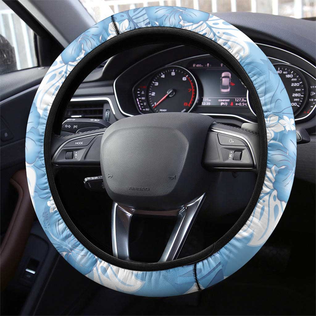 Blue Aloha Hawaii Steering Wheel Cover Monstera Hibiscus Plumeria Seamless Vibes - Polynesian Pride