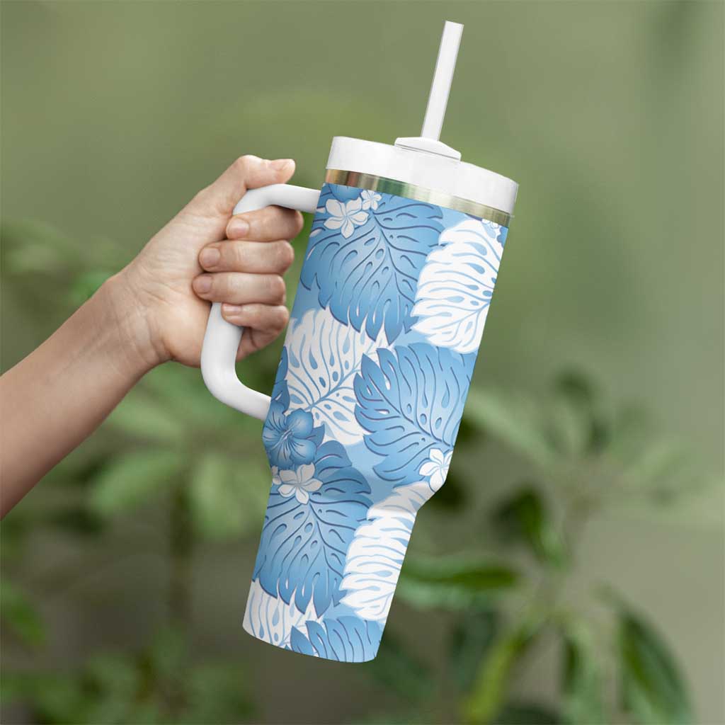 Blue Aloha Hawaii Tumbler With Handle Monstera Hibiscus Plumeria Seamless Vibes - Polynesian Pride