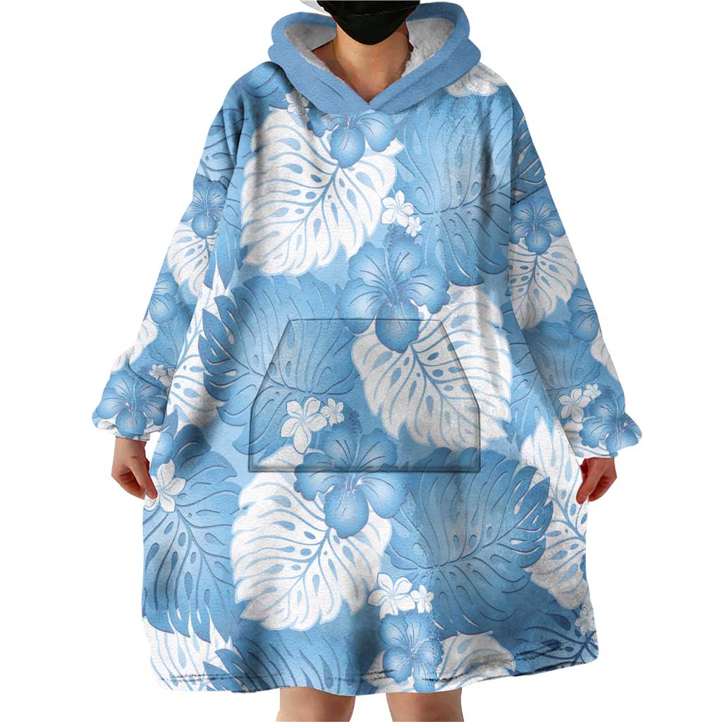 Blue Aloha Hawaii Wearable Blanket Hoodie Monstera Hibiscus Plumeria Seamless Vibes - Polynesian Pride