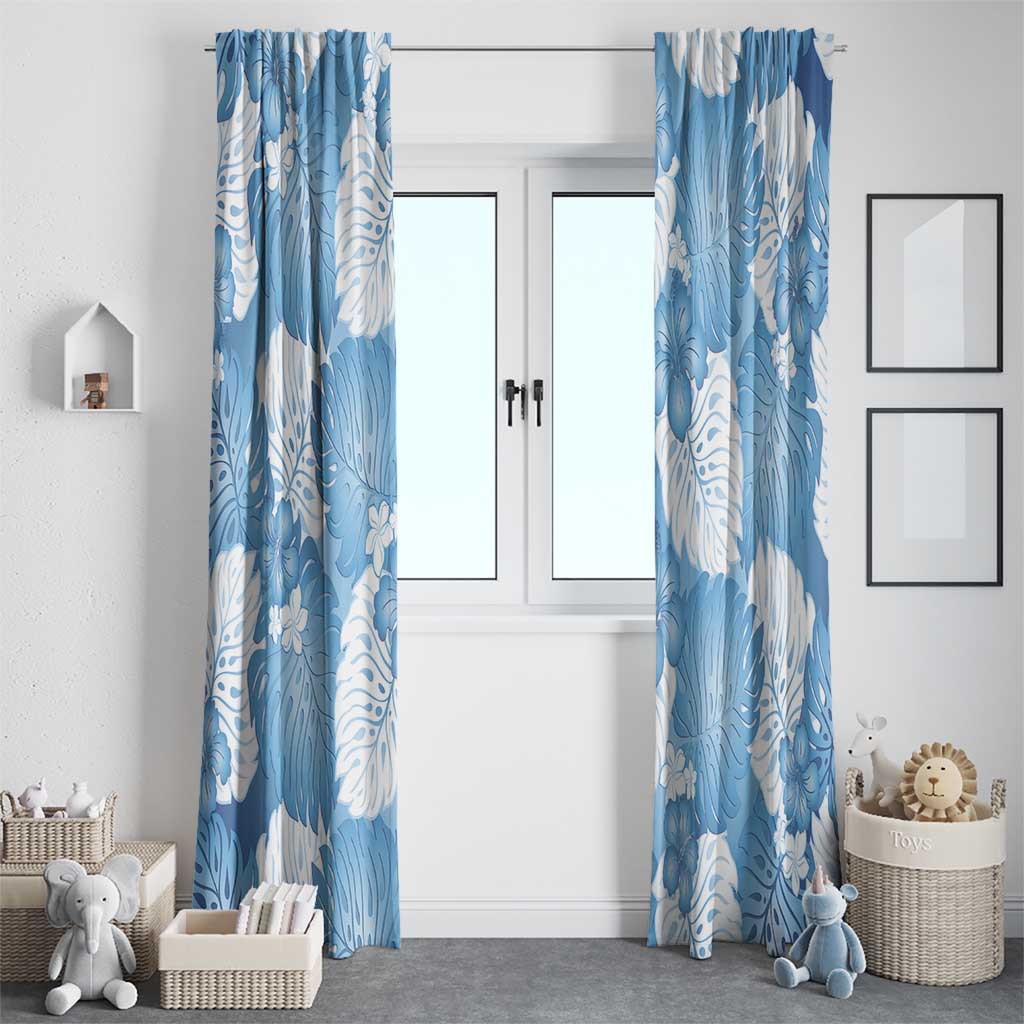 Blue Aloha Hawaii Window Curtain Monstera Hibiscus Plumeria Seamless Vibes - Polynesian Pride