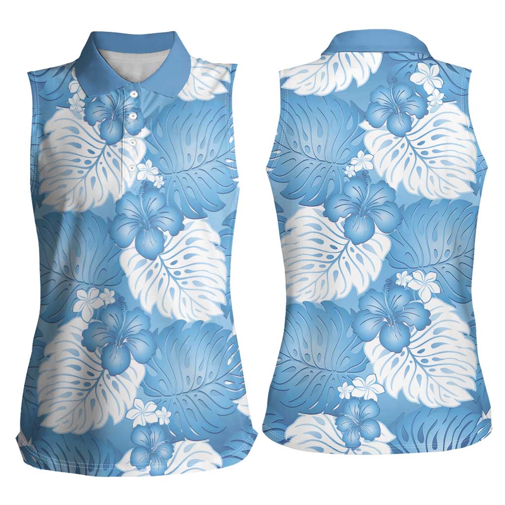 Blue Aloha Hawaii Women Sleeveless Polo Shirt Monstera Hibiscus Plumeria Seamless Vibes LT14 - Polynesian Pride