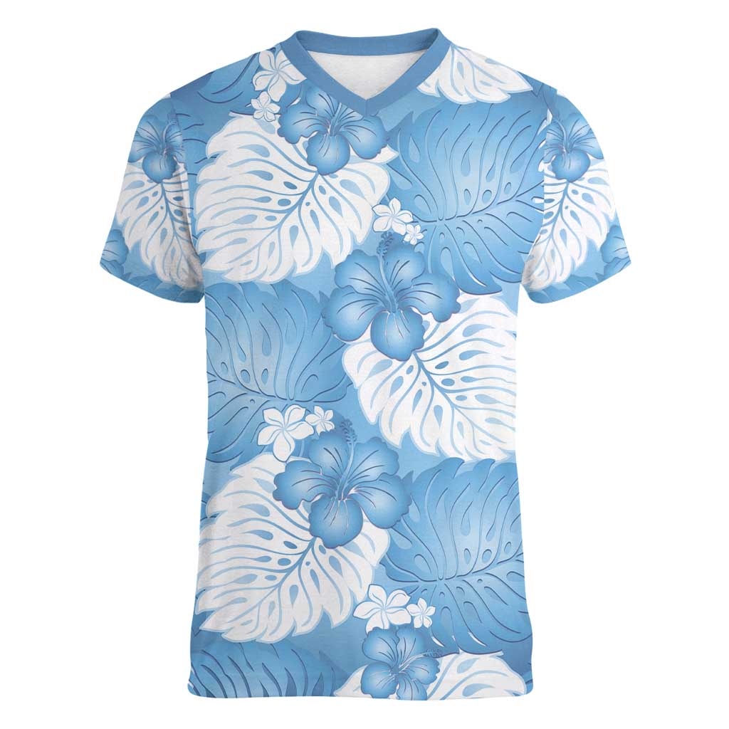 Blue Aloha Hawaii Women V-Neck T-Shirt Monstera Hibiscus Plumeria Seamless Vibes - Polynesian Pride