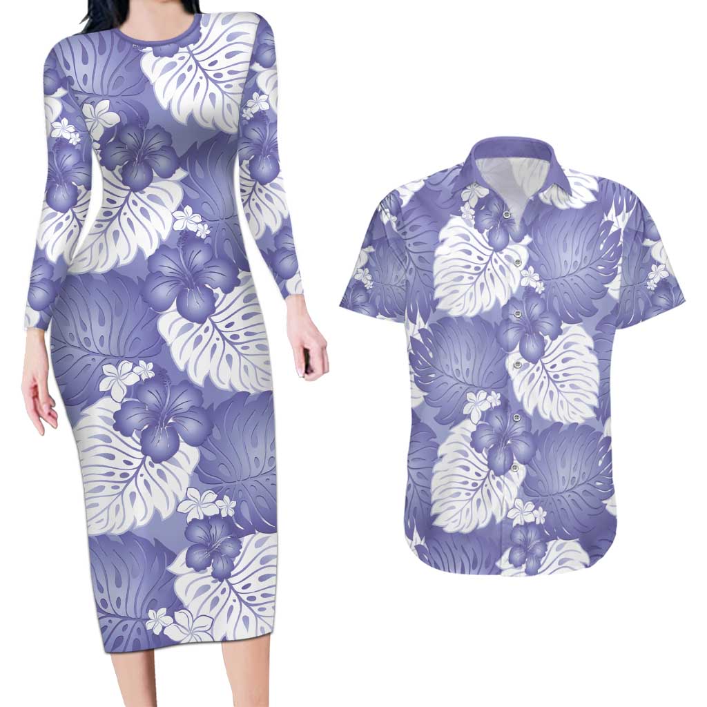Purple Aloha Hawaii Couples Matching Long Sleeve Bodycon Dress and Hawaiian Shirt Monstera Hibiscus Plumeria Seamless Vibes - Polynesian Pride
