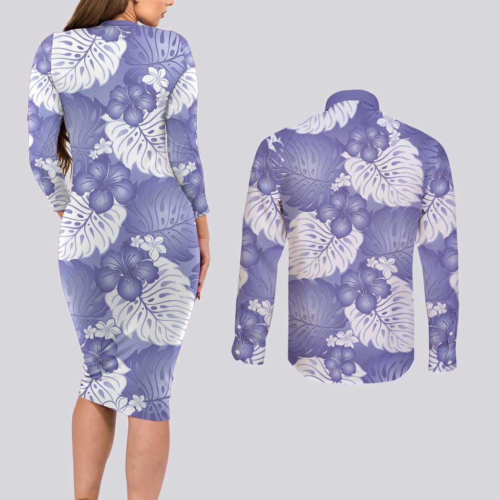 Purple Aloha Hawaii Couples Matching Long Sleeve Bodycon Dress and Long Sleeve Button Shirt Monstera Hibiscus Plumeria Seamless Vibes - Polynesian Pride