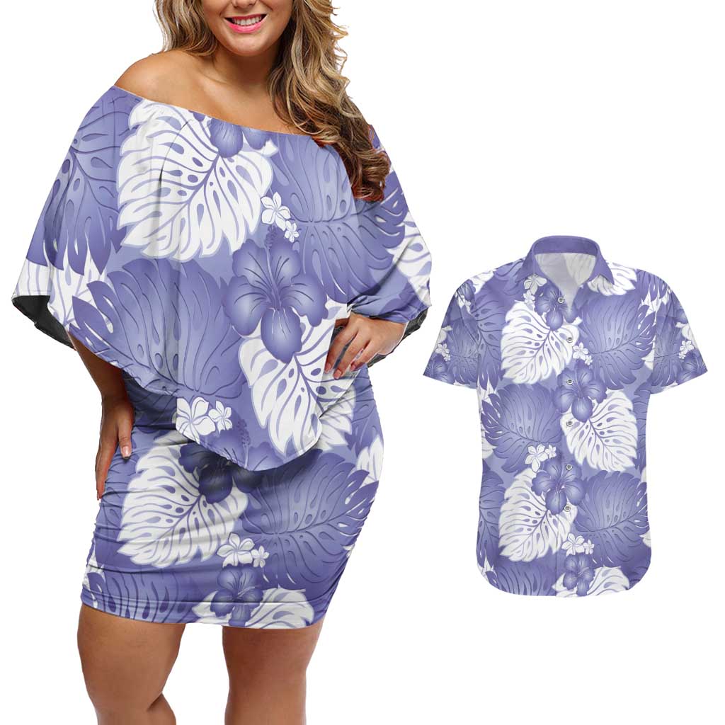 Purple Aloha Hawaii Couples Matching Off Shoulder Short Dress and Hawaiian Shirt Monstera Hibiscus Plumeria Seamless Vibes - Polynesian Pride