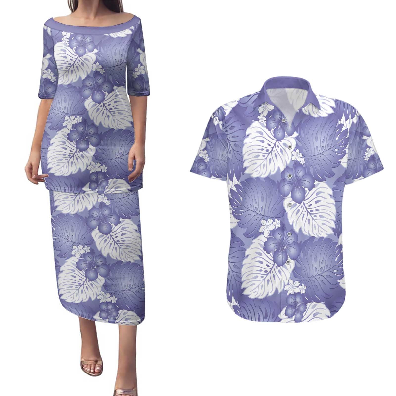 Purple Aloha Hawaii Couples Matching Puletasi and Hawaiian Shirt Monstera Hibiscus Plumeria Seamless Vibes - Polynesian Pride