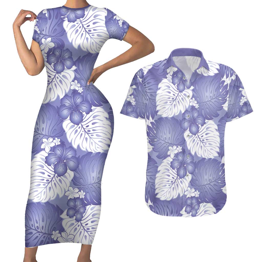 Purple Aloha Hawaii Couples Matching Short Sleeve Bodycon Dress and Hawaiian Shirt Monstera Hibiscus Plumeria Seamless Vibes - Polynesian Pride
