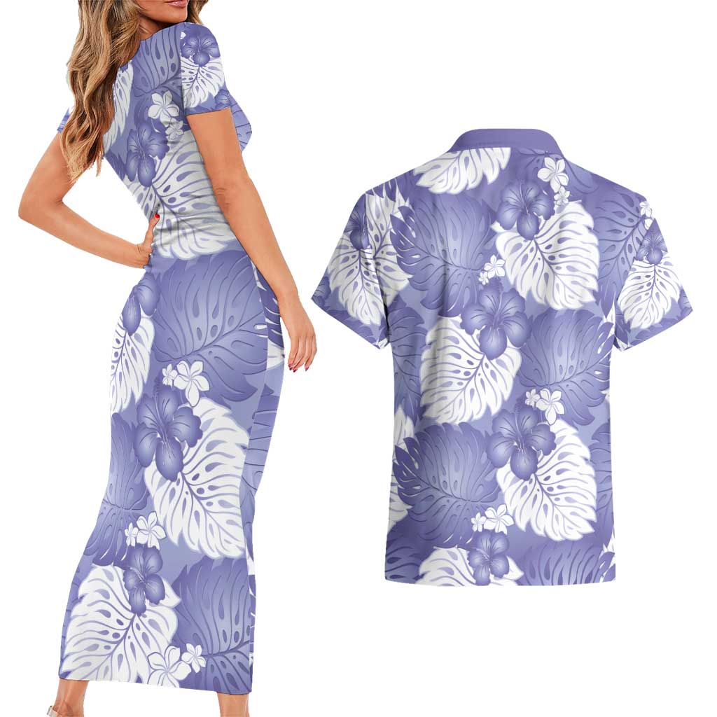 Purple Aloha Hawaii Couples Matching Short Sleeve Bodycon Dress and Hawaiian Shirt Monstera Hibiscus Plumeria Seamless Vibes - Polynesian Pride