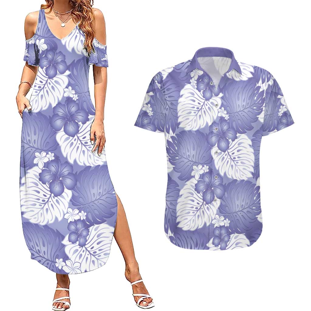 Purple Aloha Hawaii Couples Matching Summer Maxi Dress and Hawaiian Shirt Monstera Hibiscus Plumeria Seamless Vibes - Polynesian Pride