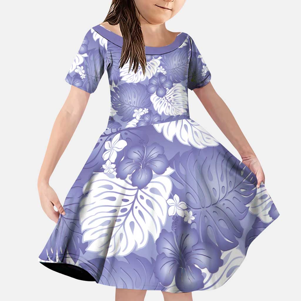 Purple Aloha Hawaii Family Matching Puletasi and Hawaiian Shirt Monstera Hibiscus Plumeria Seamless Vibes LT14 Daughter's Dress Purple - Polynesian Pride