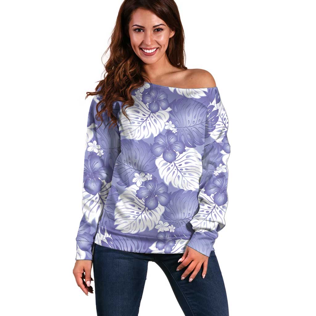 Purple Aloha Hawaii Off Shoulder Sweater Monstera Hibiscus Plumeria Seamless Vibes - Polynesian Pride