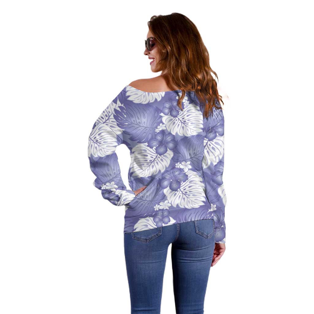 Purple Aloha Hawaii Off Shoulder Sweater Monstera Hibiscus Plumeria Seamless Vibes - Polynesian Pride