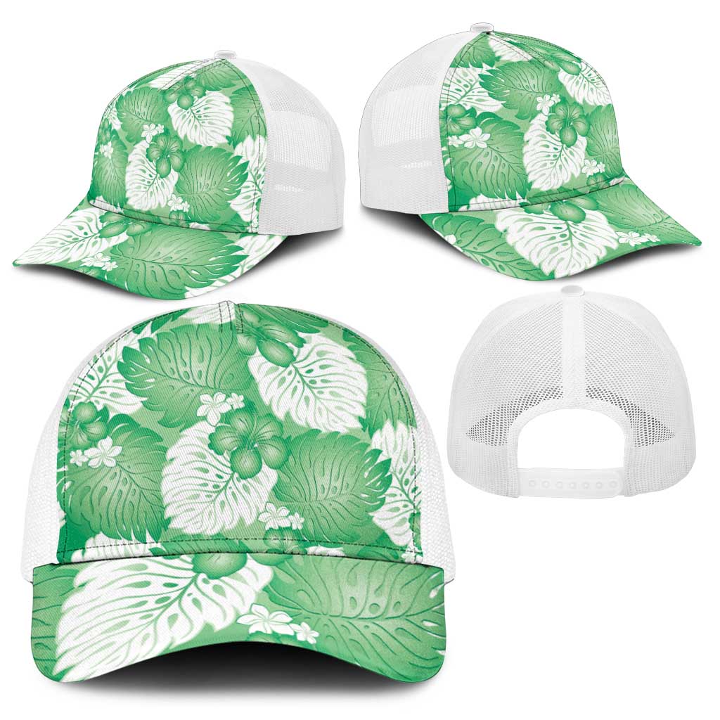 Green Aloha Hawaii Baseball Net Cap Monstera Hibiscus Plumeria Seamless Vibes - Polynesian Pride