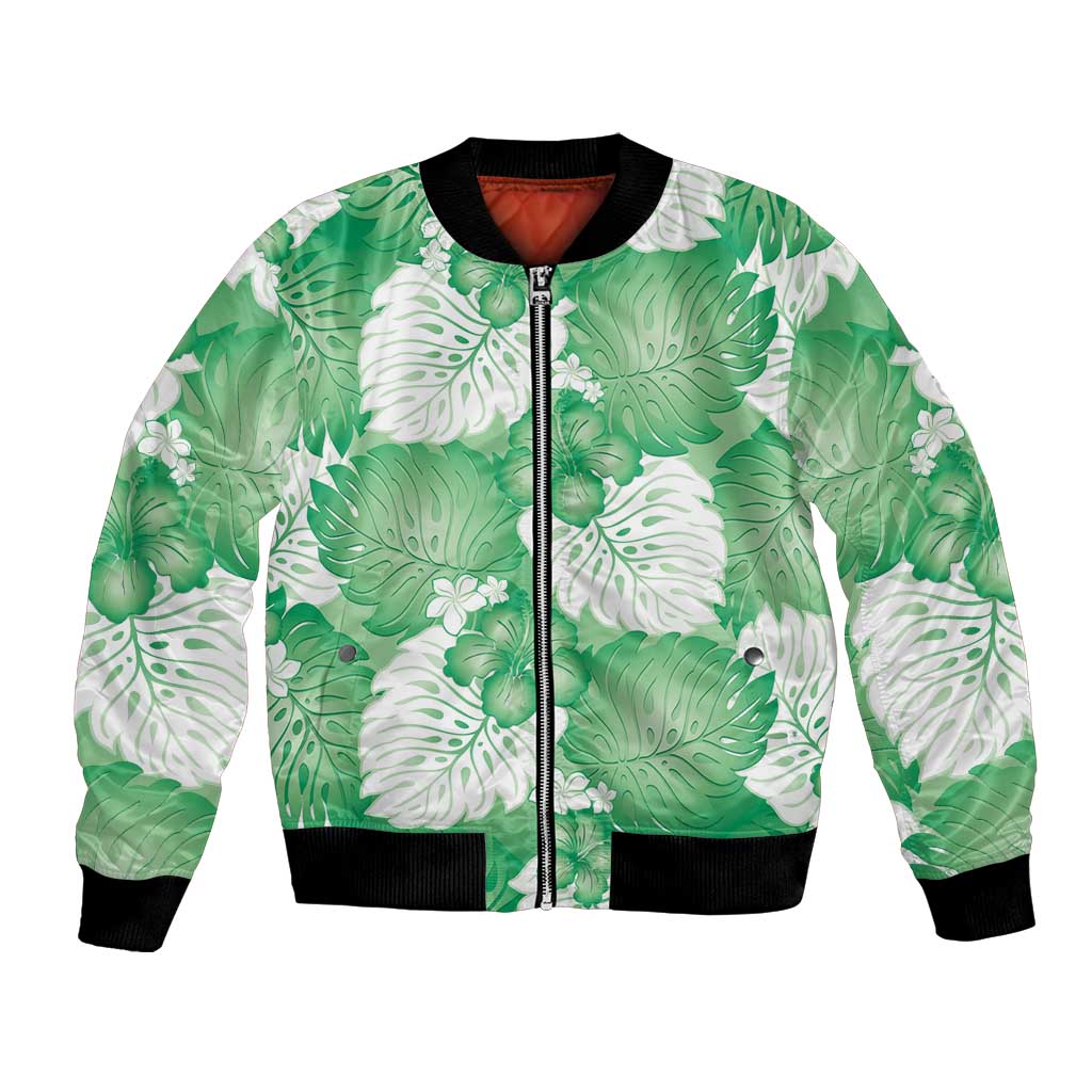 Green Aloha Hawaii Bomber Jacket Monstera Hibiscus Plumeria Seamless Vibes - Polynesian Pride