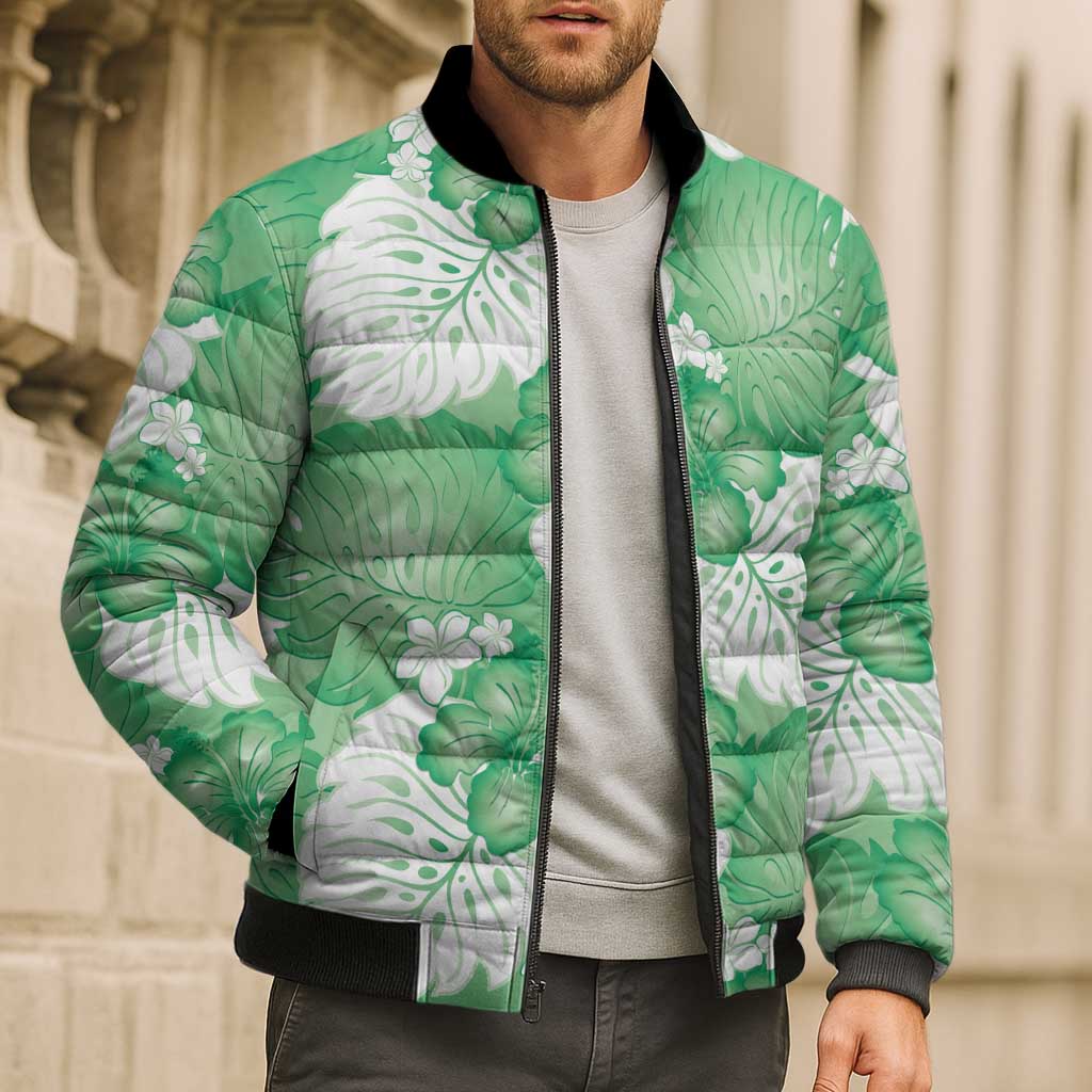 Green Aloha Hawaii Bomber Puffer Jacket Monstera Hibiscus Plumeria Seamless Vibes LT14 - Polynesian Pride