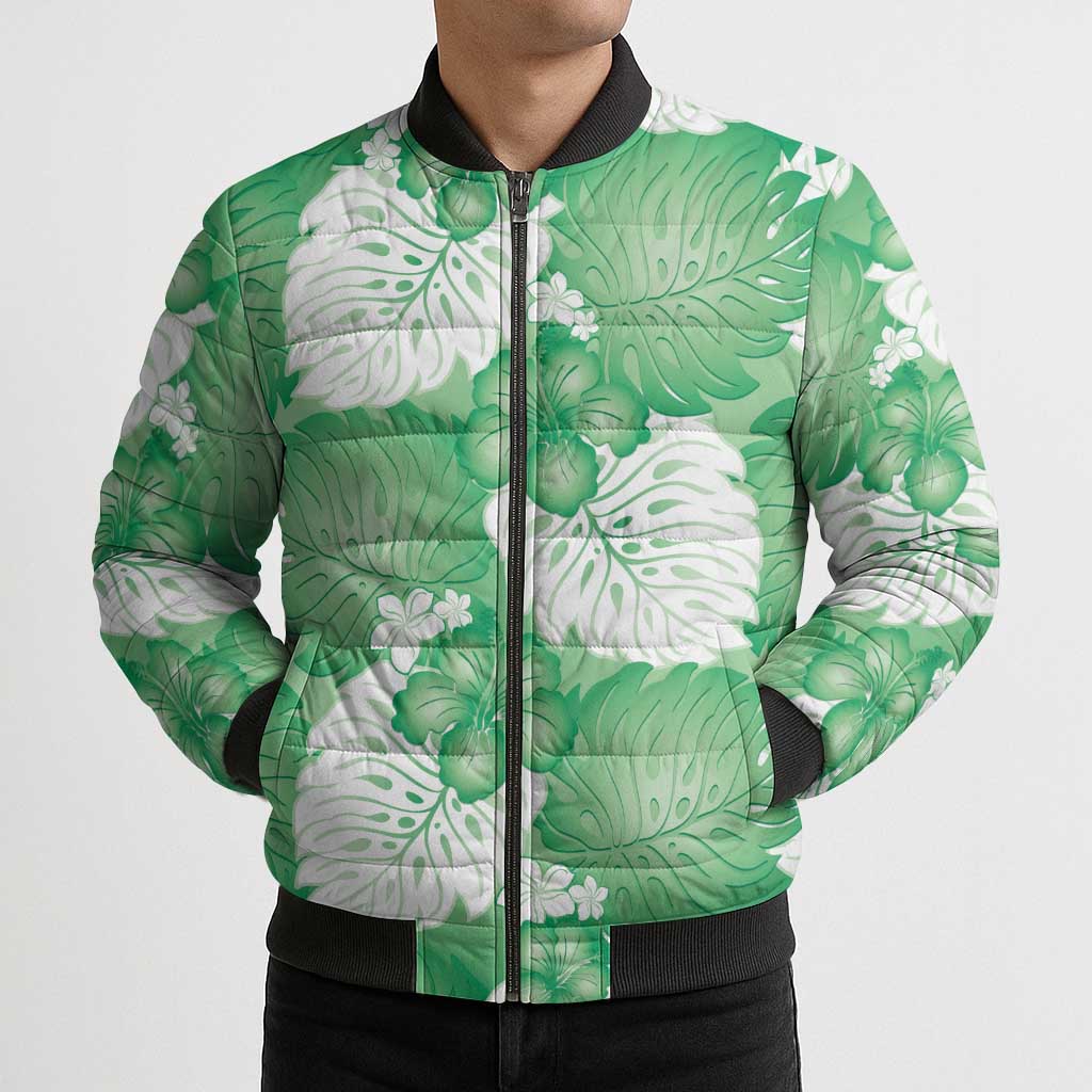 Green Aloha Hawaii Bomber Puffer Jacket Monstera Hibiscus Plumeria Seamless Vibes LT14 - Polynesian Pride