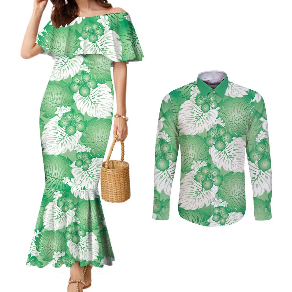 Green Aloha Hawaii Couples Matching Mermaid Dress and Long Sleeve Button Shirt Monstera Hibiscus Plumeria Seamless Vibes - Polynesian Pride