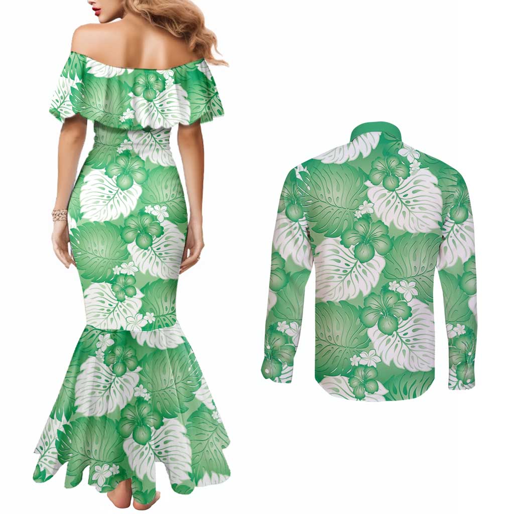 Green Aloha Hawaii Couples Matching Mermaid Dress and Long Sleeve Button Shirt Monstera Hibiscus Plumeria Seamless Vibes - Polynesian Pride