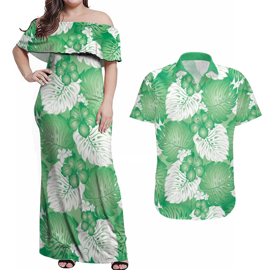 Green Aloha Hawaii Couples Matching Off Shoulder Maxi Dress and Hawaiian Shirt Monstera Hibiscus Plumeria Seamless Vibes - Polynesian Pride