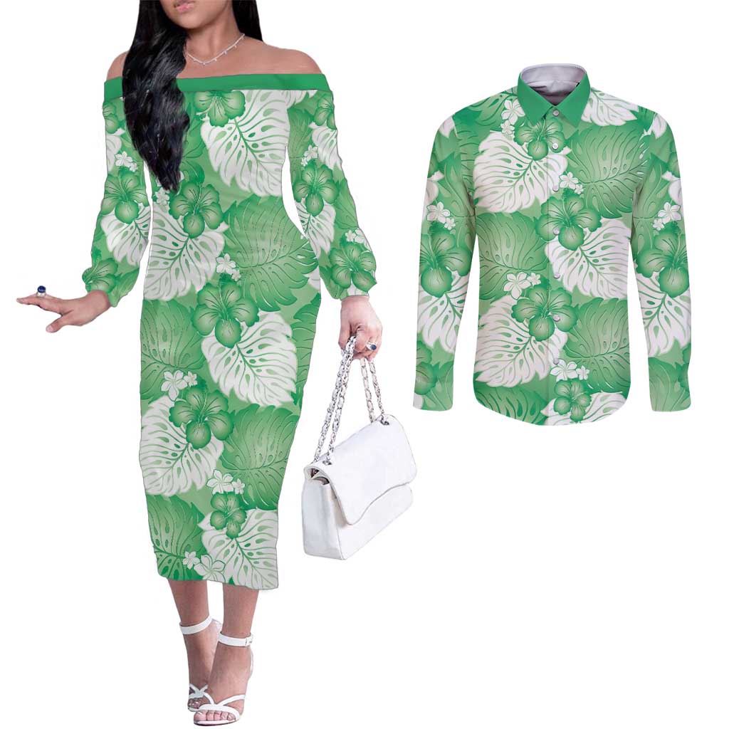 Green Aloha Hawaii Couples Matching Off The Shoulder Long Sleeve Dress and Long Sleeve Button Shirt Monstera Hibiscus Plumeria Seamless Vibes - Polynesian Pride