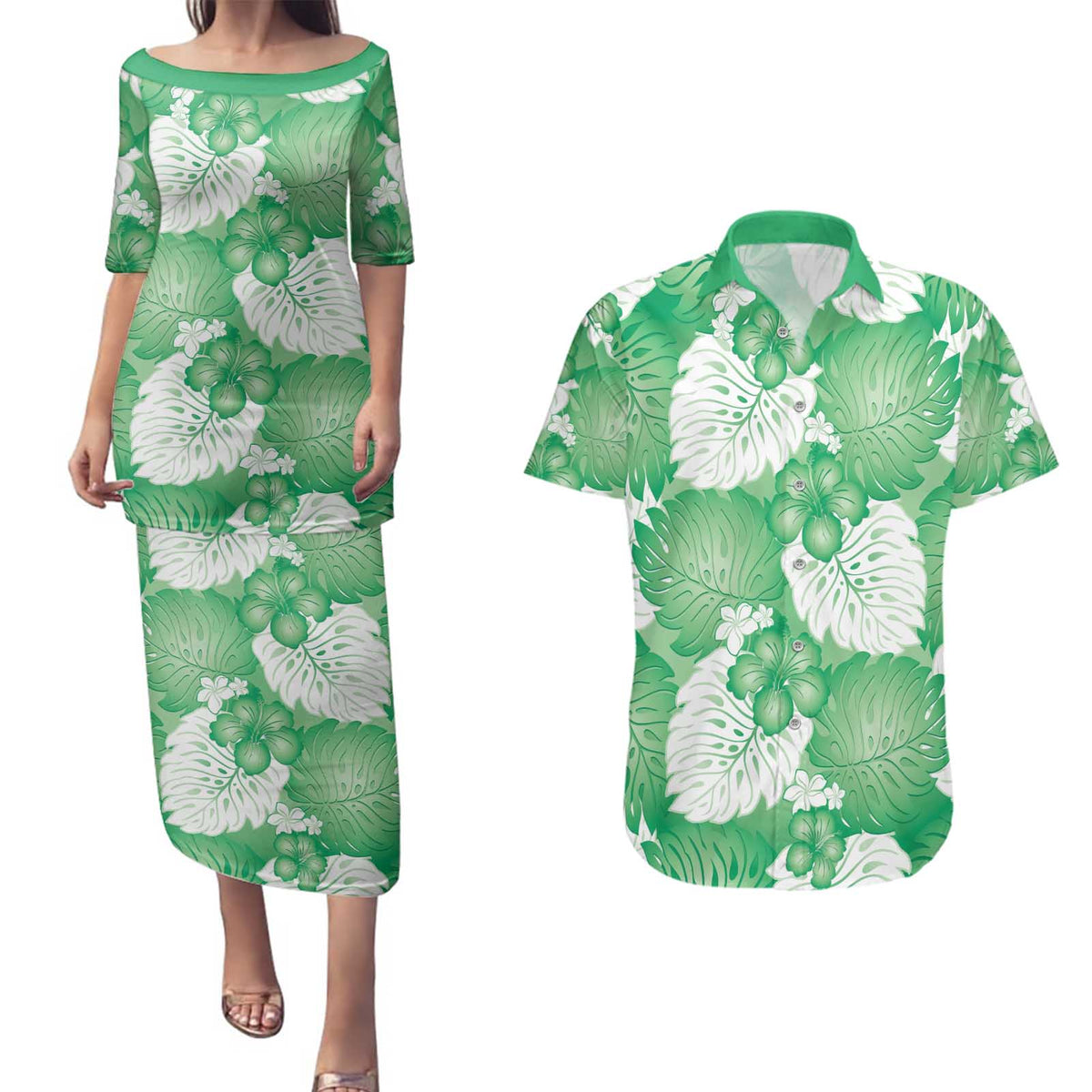 Green Aloha Hawaii Couples Matching Puletasi and Hawaiian Shirt Monstera Hibiscus Plumeria Seamless Vibes LT14 Green - Polynesian Pride