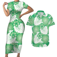 Green Aloha Hawaii Couples Matching Short Sleeve Bodycon Dress and Hawaiian Shirt Monstera Hibiscus Plumeria Seamless Vibes - Polynesian Pride