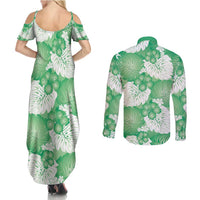 Green Aloha Hawaii Couples Matching Summer Maxi Dress and Long Sleeve Button Shirt Monstera Hibiscus Plumeria Seamless Vibes - Polynesian Pride