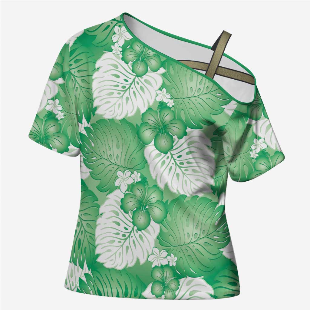 Green Aloha Hawaii Cross Shoulder Shirt Monstera Hibiscus Plumeria Seamless Vibes LT14 Female Green - Polynesian Pride