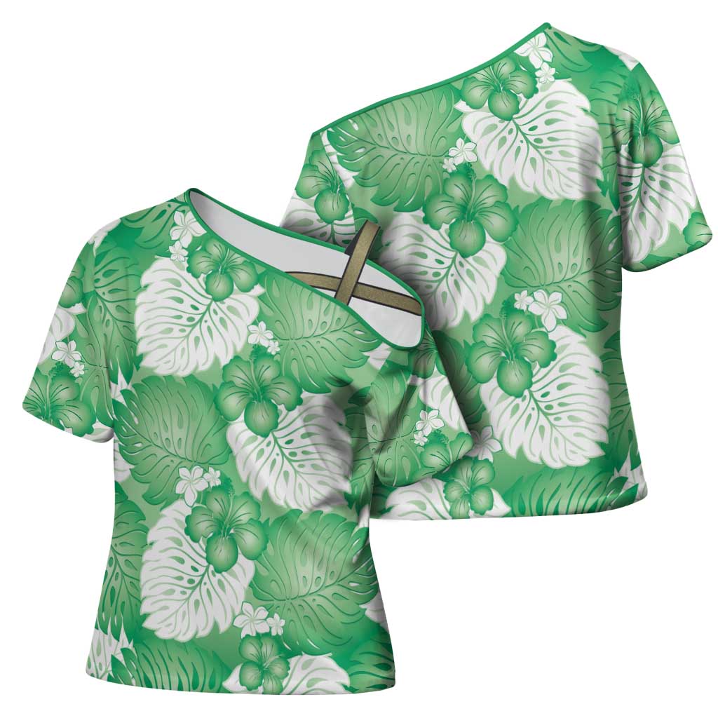 Green Aloha Hawaii Cross Shoulder Shirt Monstera Hibiscus Plumeria Seamless Vibes LT14 - Polynesian Pride