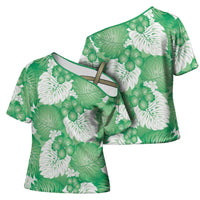 Green Aloha Hawaii Cross Shoulder Shirt Monstera Hibiscus Plumeria Seamless Vibes LT14 - Polynesian Pride