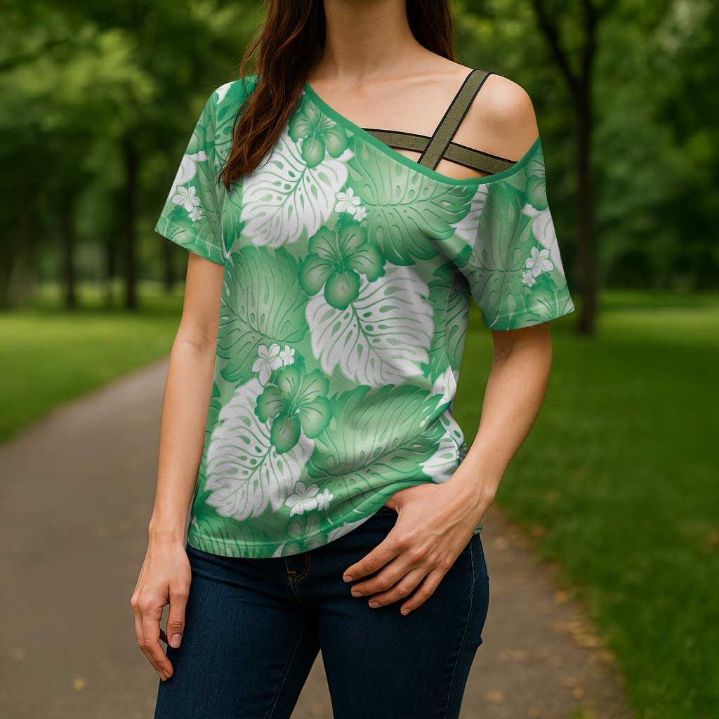 Green Aloha Hawaii Cross Shoulder Shirt Monstera Hibiscus Plumeria Seamless Vibes LT14 - Polynesian Pride