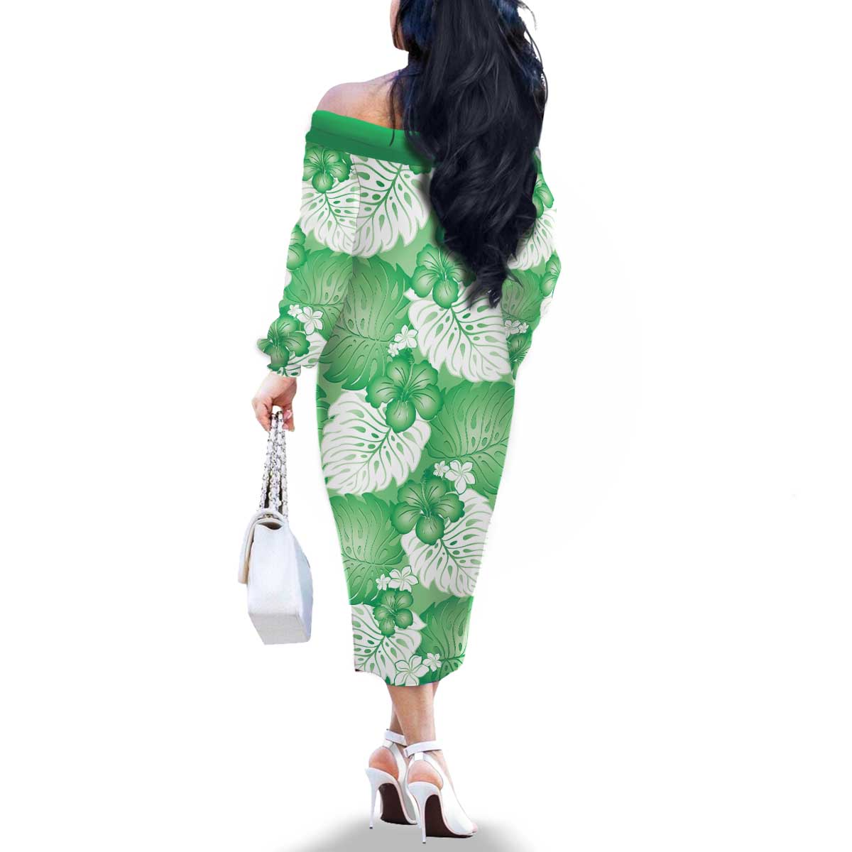 Green Aloha Hawaii Family Matching Off The Shoulder Long Sleeve Dress and Hawaiian Shirt Monstera Hibiscus Plumeria Seamless Vibes - Polynesian Pride