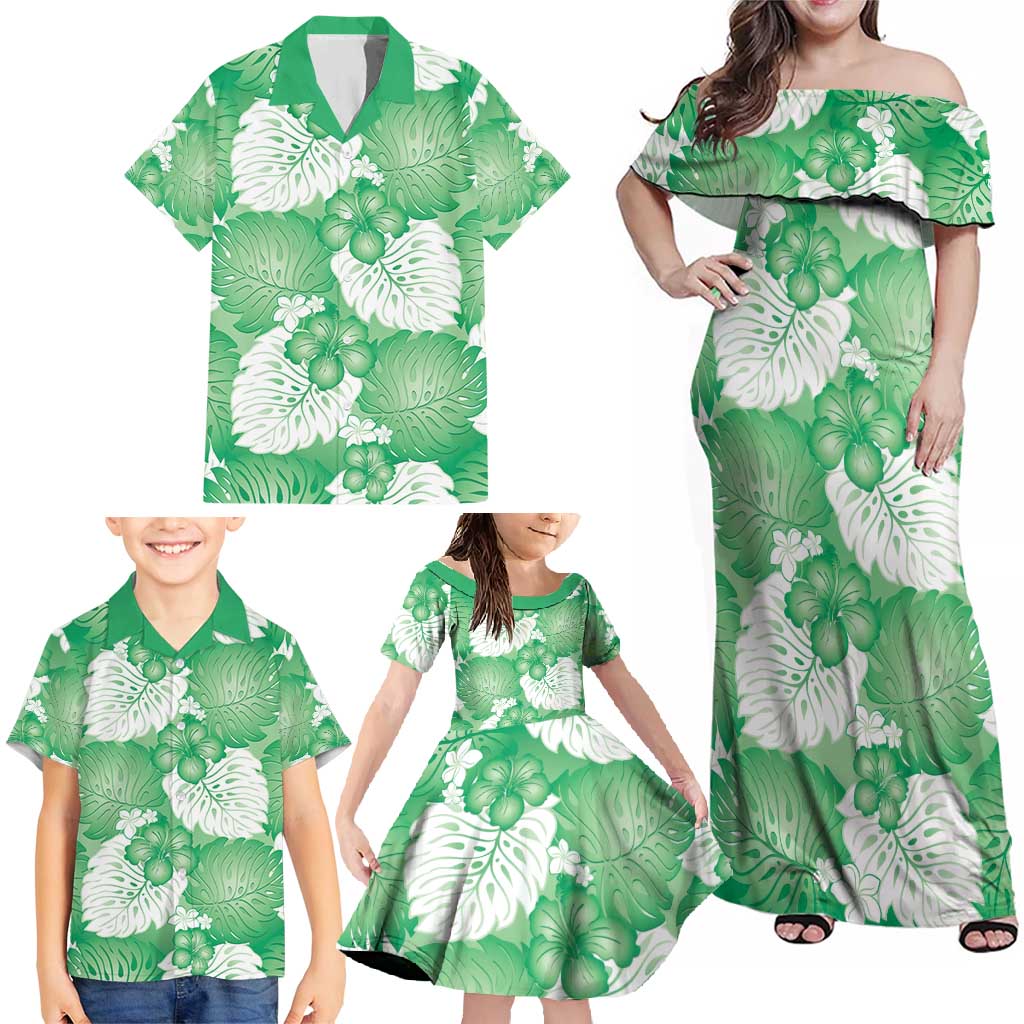 Green Aloha Hawaii Family Matching Off Shoulder Maxi Dress and Hawaiian Shirt Monstera Hibiscus Plumeria Seamless Vibes - Polynesian Pride