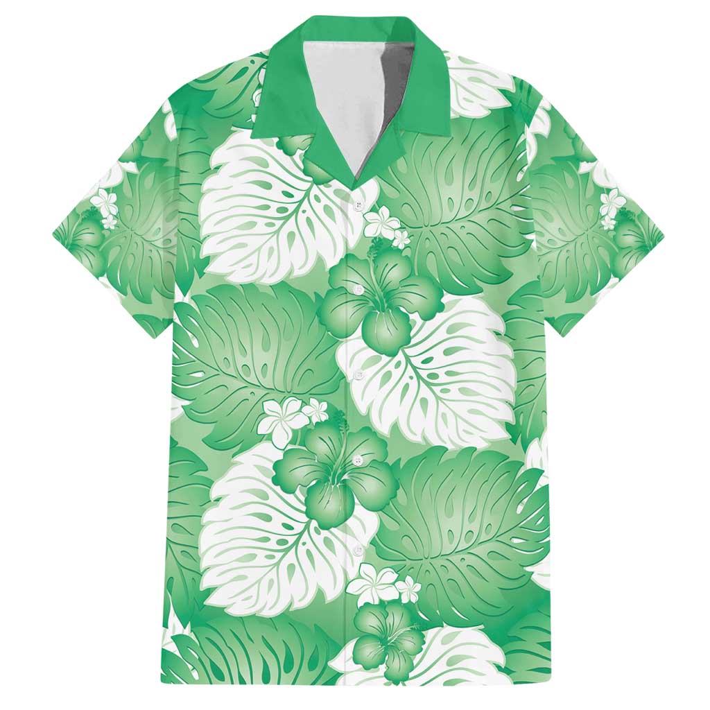 Green Aloha Hawaii Family Matching Off Shoulder Short Dress and Hawaiian Shirt Monstera Hibiscus Plumeria Seamless Vibes - Polynesian Pride