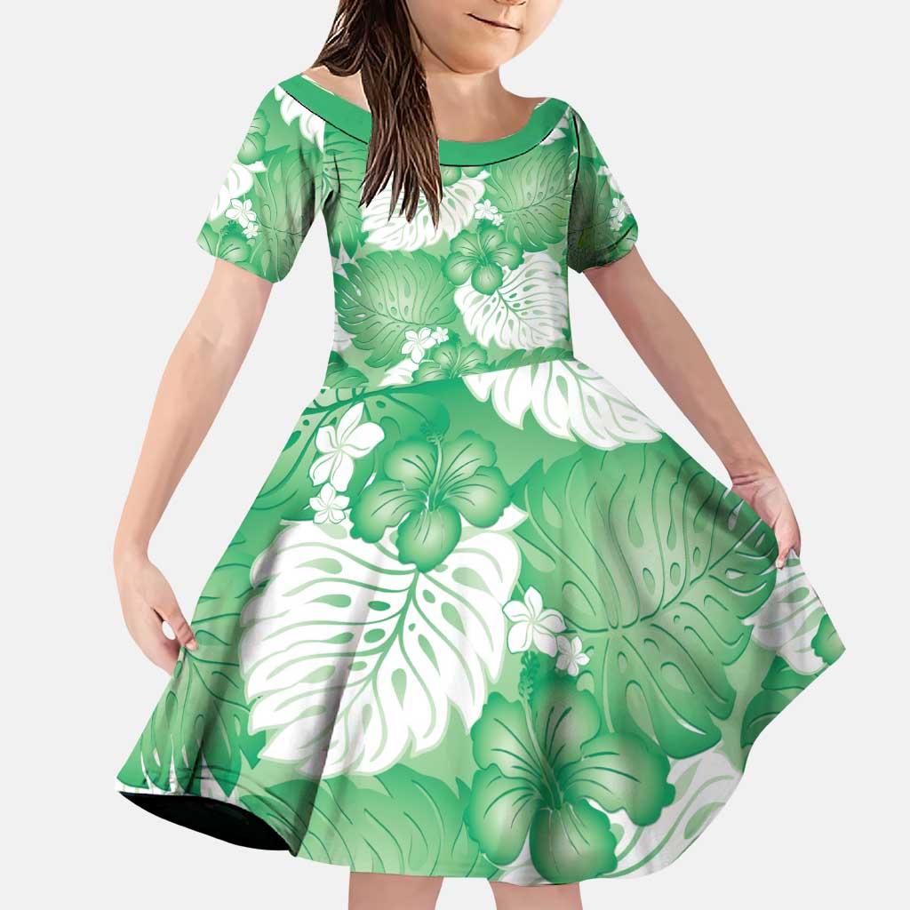 Green Aloha Hawaii Family Matching Puletasi and Hawaiian Shirt Monstera Hibiscus Plumeria Seamless Vibes LT14 Daughter's Dress Green - Polynesian Pride