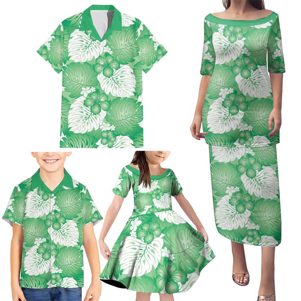 Green Aloha Hawaii Family Matching Puletasi and Hawaiian Shirt Monstera Hibiscus Plumeria Seamless Vibes LT14 - Polynesian Pride