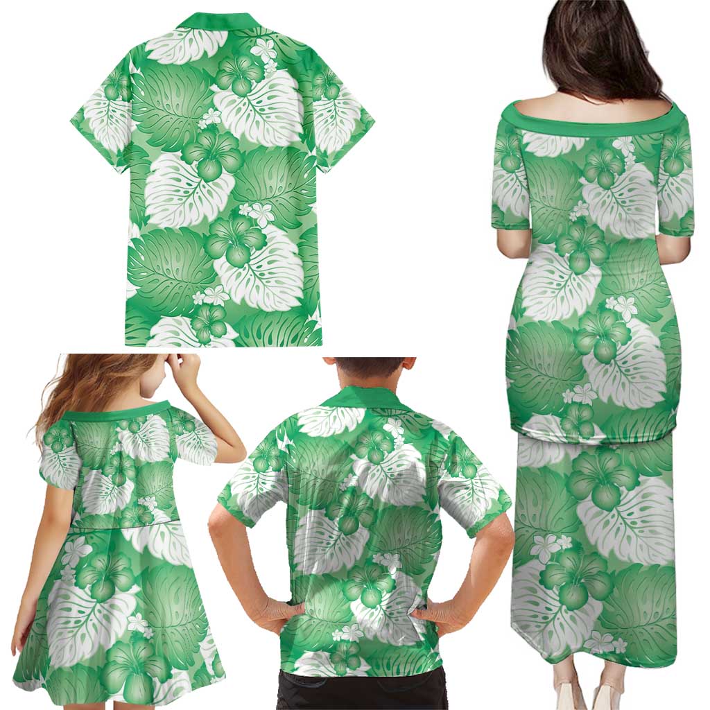Green Aloha Hawaii Family Matching Puletasi and Hawaiian Shirt Monstera Hibiscus Plumeria Seamless Vibes LT14 - Polynesian Pride