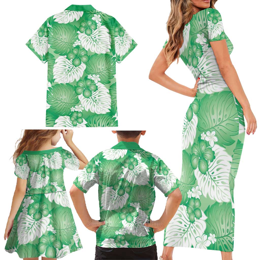 Green Aloha Hawaii Family Matching Short Sleeve Bodycon Dress and Hawaiian Shirt Monstera Hibiscus Plumeria Seamless Vibes LT14 - Polynesian Pride