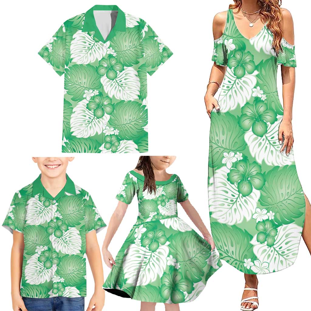 Green Aloha Hawaii Family Matching Summer Maxi Dress and Hawaiian Shirt Monstera Hibiscus Plumeria Seamless Vibes - Polynesian Pride