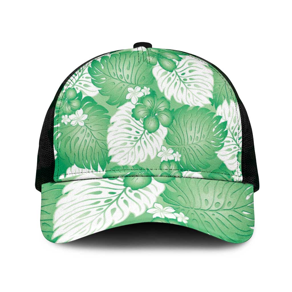 Green Aloha Hawaii Mesh Trucker Cap Monstera Hibiscus Plumeria Seamless Vibes - Polynesian Pride