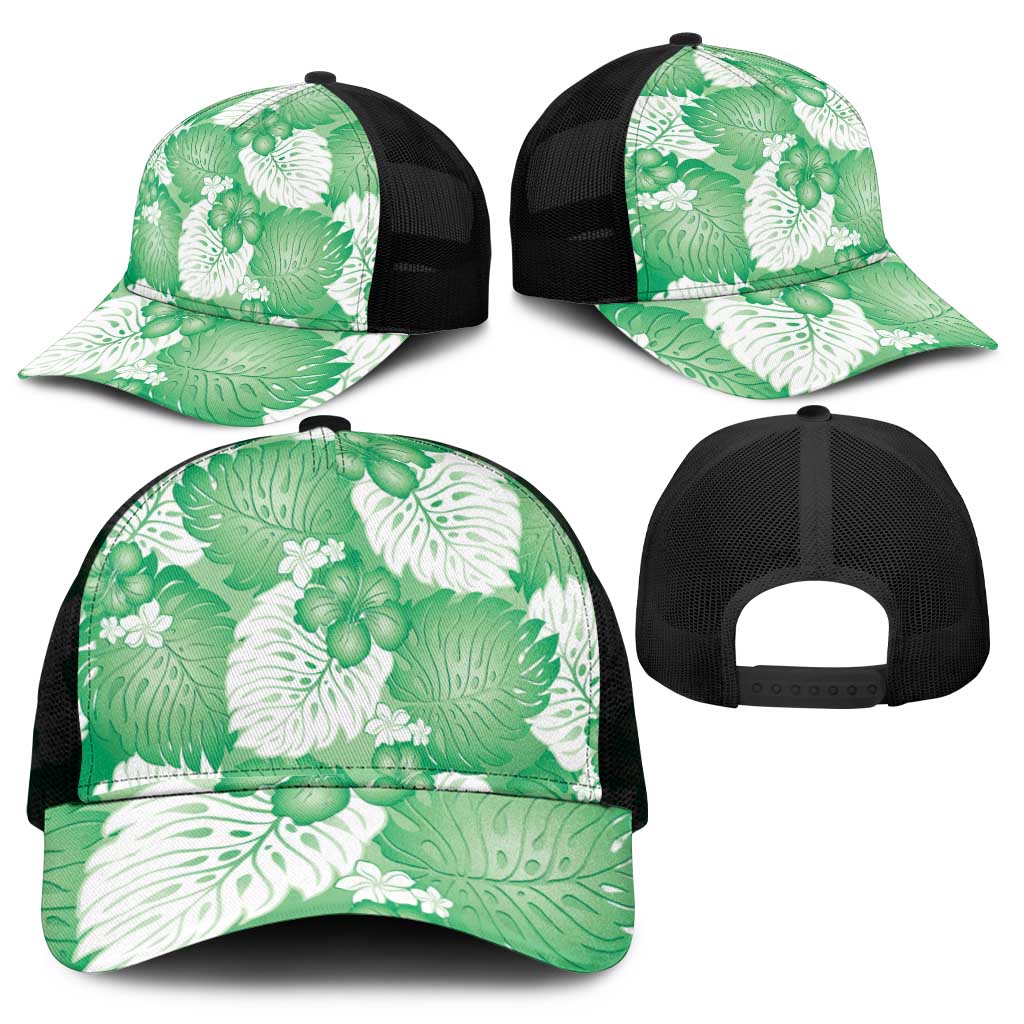 Green Aloha Hawaii Mesh Trucker Cap Monstera Hibiscus Plumeria Seamless Vibes - Polynesian Pride