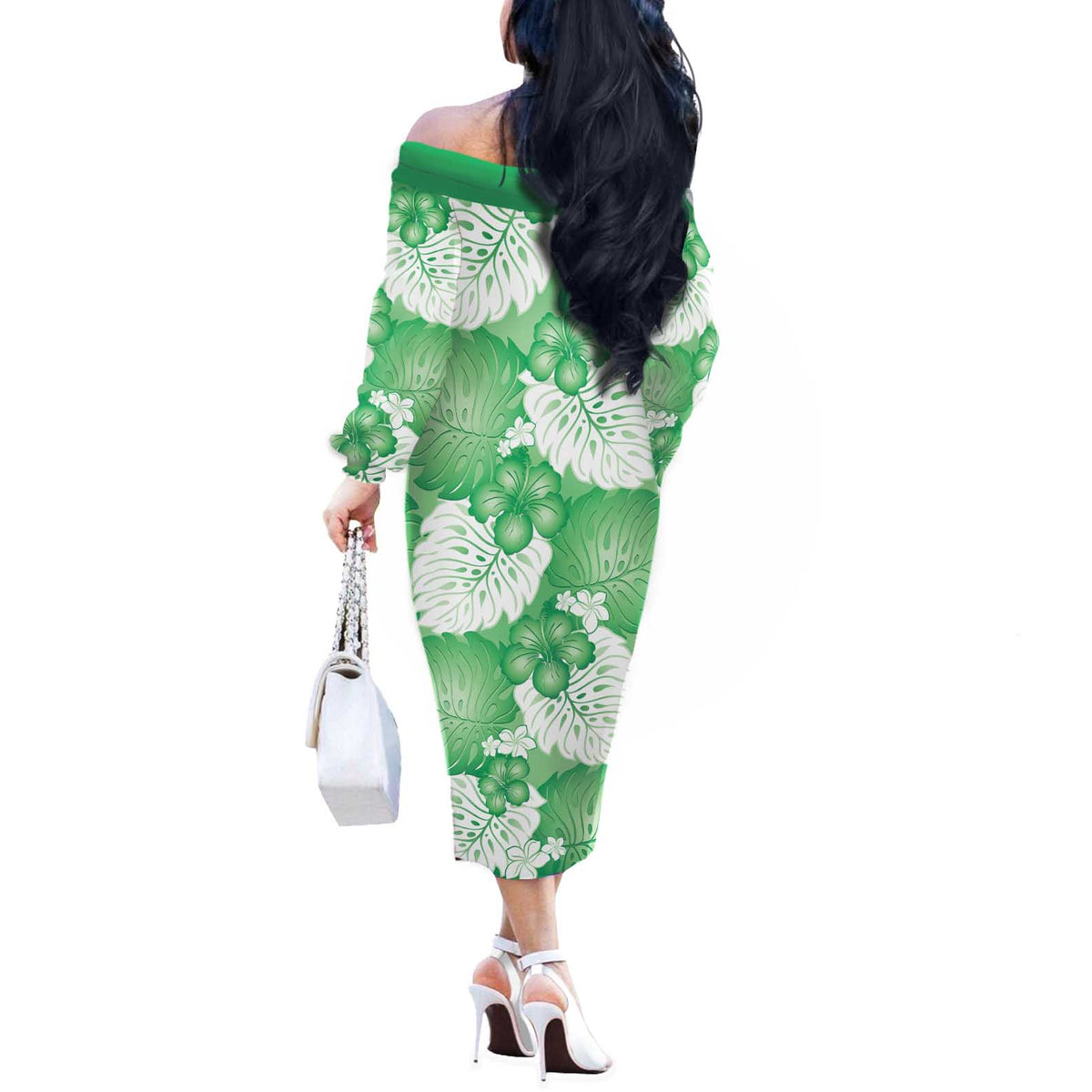 Green Aloha Hawaii Off The Shoulder Long Sleeve Dress Monstera Hibiscus Plumeria Seamless Vibes - Polynesian Pride