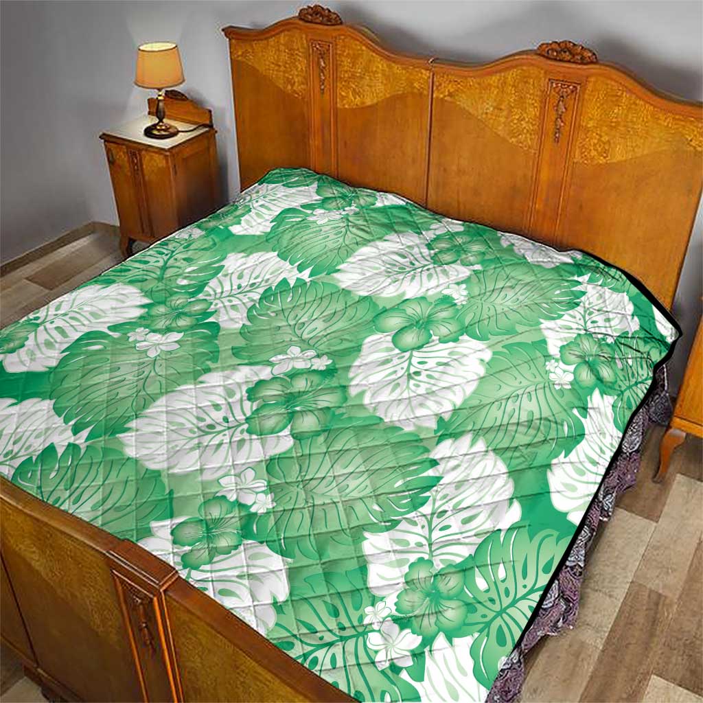 Green Aloha Hawaii Quilt Monstera Hibiscus Plumeria Seamless Vibes - Polynesian Pride