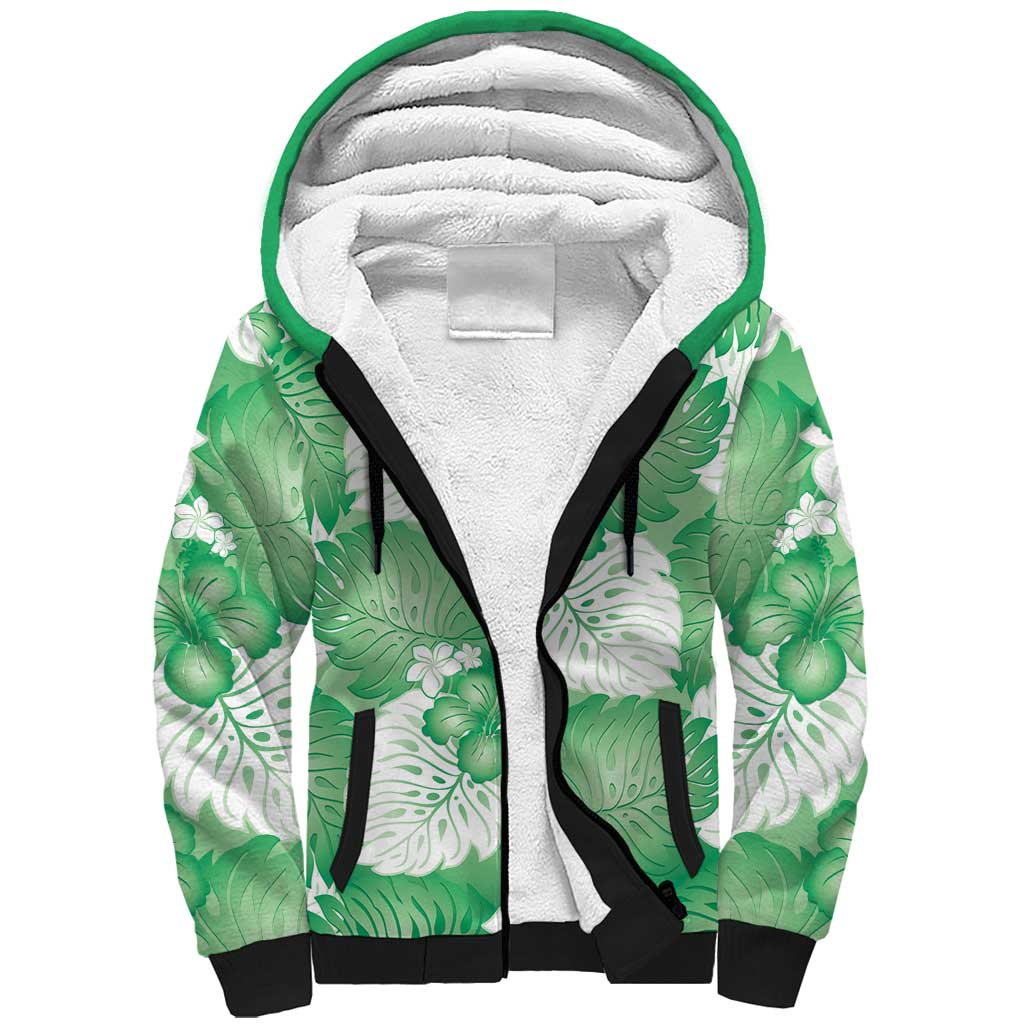 Green Aloha Hawaii Sherpa Hoodie Monstera Hibiscus Plumeria Seamless Vibes - Polynesian Pride