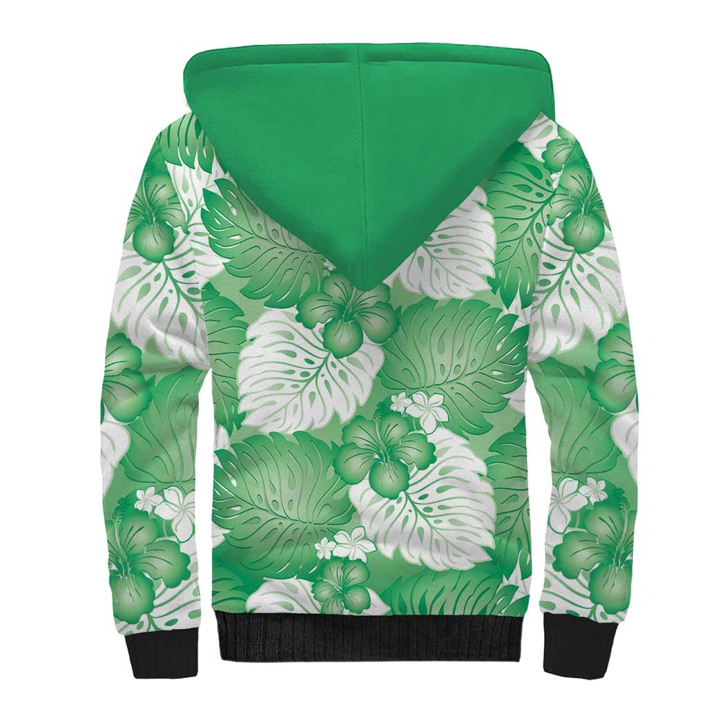 Green Aloha Hawaii Sherpa Hoodie Monstera Hibiscus Plumeria Seamless Vibes - Polynesian Pride